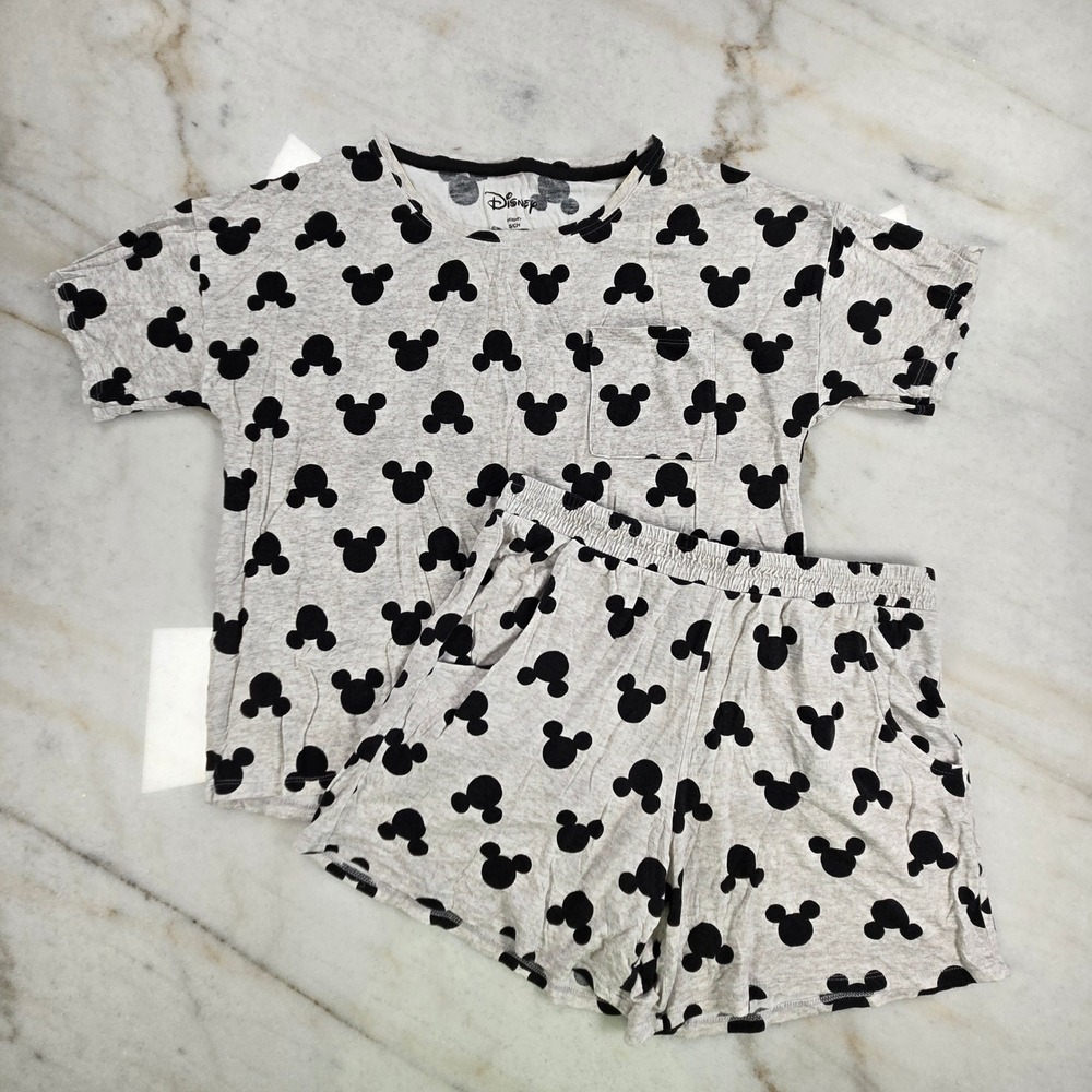 Disney Pajama Set Womens S Gray Mickey Mouse Print Short Sleeve Tee Shorts Soft
